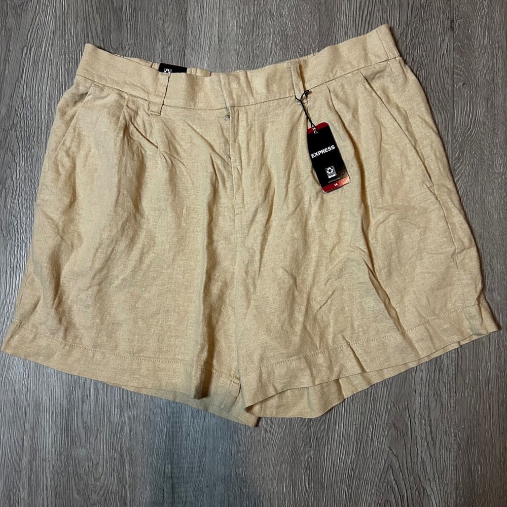 Express Womens Cream Khaki Linen Blend Shorts Size 14 Classic Old Money Minimal